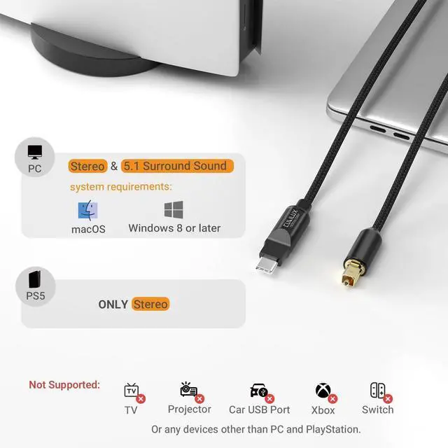 Alt view image 4 of 6 - USB C to TOSLINK Optical Audio Cable, Unidirectional Type C to SPDIF Digital Aux Cord, S/PDIF Transmitter for Computer/Laptop/PC MacBook(5.1 Surround Sound) and PS5(Stereo), 6.6 FT