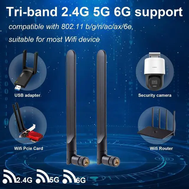 Alt view image 4 of 6 - WiFi 6 6E Tri-Band 2.4GHz/5GHz/6E Omnidirectional Antenna for PC Desktop Computer Motherboard WiFi Router, 2 Pack