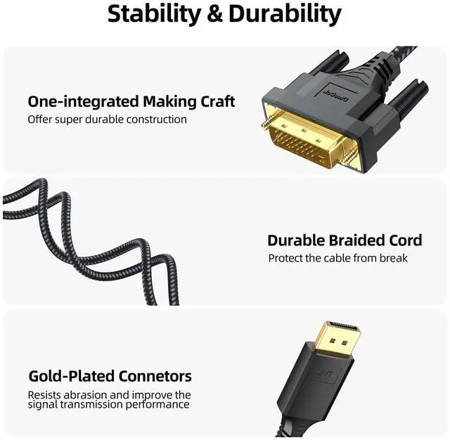 Alt view image 2 of 7 - DisplayPort to DVI Cable 6ft, Display Port to DVI-D/I Cord Braided, Gold-Plated Male to Male 1080P@60Hz, only One-Way Direction Video for Computer Laptop Graphics Card Monitor Projector HDTV