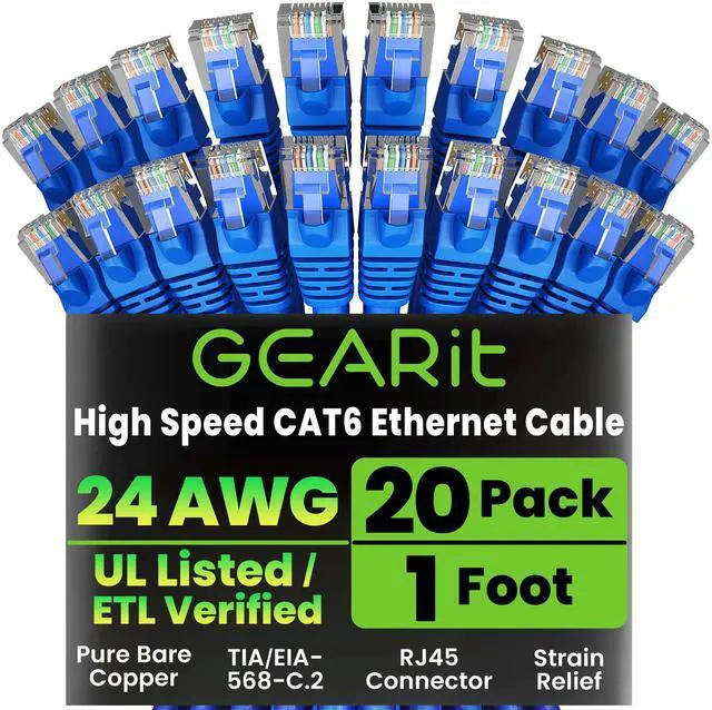 Main image of Cat 6 Ethernet Cable Pack - 20-Pack 1 ft Cat6 Ethernet Patch Cables | RJ45 Network Patch Cable, 10 Gbps Snagless Gold-Plated Connectors - Ethernet Cable Cat 6 for PC, TV, Router - Blue