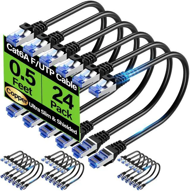 Main image of Cat6A Ethernet Cable Shielded 10Gbps 0.5 ft (24 Pack), Slim Shielded (F/UTP) Ethernet Cable Cat 6, Flexible 28AWG Bare Copper Cat6 Cable, Space-saving Cat 6a Network Cable for Data Center, Black