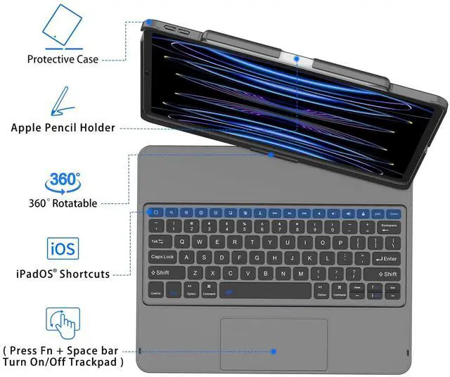 Alt view image 2 of 7 - Touch for iPad Keyboard Case Air 13 (M3 2025 / M2 2024) &12.9 iPad Pro (6th,5th,4th, 3rd Gen),360° Rotatable Protective Cover Multi-Touch Trackpad Keyboard Case with Pencil Holder - Grey