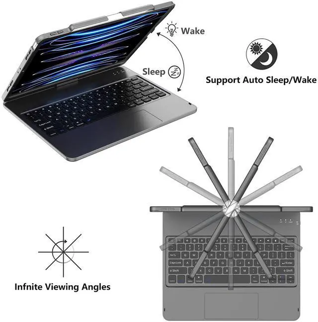Alt view image 6 of 7 - Touch for iPad Keyboard Case Air 13 (M3 2025 / M2 2024) &12.9 iPad Pro (6th,5th,4th, 3rd Gen),360° Rotatable Protective Cover Multi-Touch Trackpad Keyboard Case with Pencil Holder - Grey