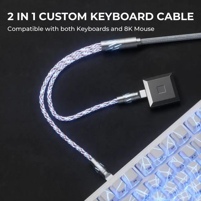 Alt view image 2 of 7 - XVX Keyboard Cable, 2-in-1 USB C to USB A Cable for Mechanical Gaming Keyboard, LED Braided Cable, with CNC Metal Connector for Custom Keyboards and 8K Mouse, 1.5M, White