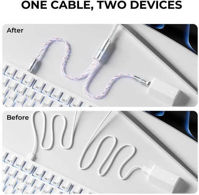 Alt view image 3 of 7 - XVX Keyboard Cable, 2-in-1 USB C to USB A Cable for Mechanical Gaming Keyboard, LED Braided Cable, with CNC Metal Connector for Custom Keyboards and 8K Mouse, 1.5M, White