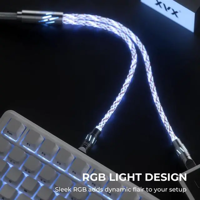 Alt view image 4 of 7 - XVX Keyboard Cable, 2-in-1 USB C to USB A Cable for Mechanical Gaming Keyboard, LED Braided Cable, with CNC Metal Connector for Custom Keyboards and 8K Mouse, 1.5M, White