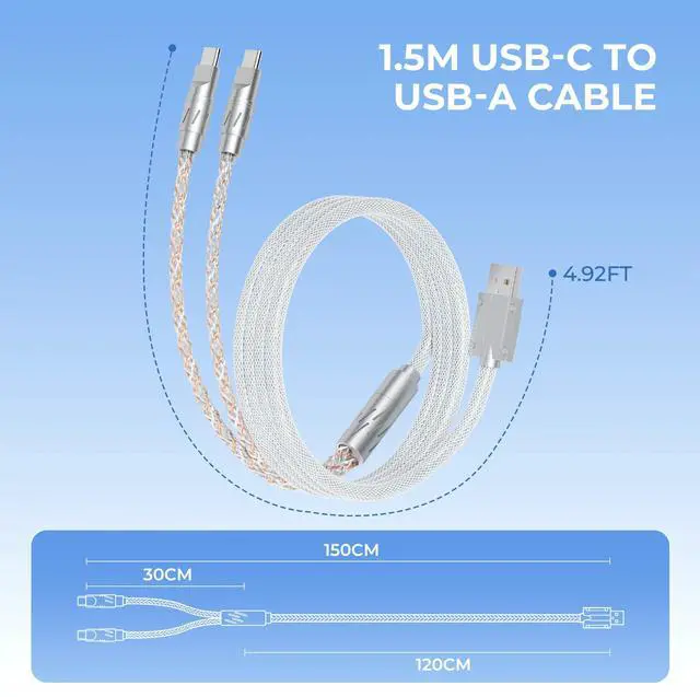 Alt view image 6 of 7 - XVX Keyboard Cable, 2-in-1 USB C to USB A Cable for Mechanical Gaming Keyboard, LED Braided Cable, with CNC Metal Connector for Custom Keyboards and 8K Mouse, 1.5M, White