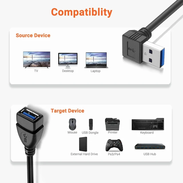 Alt view image 2 of 7 - Short USB 3.0 Extension Cable, 2 Pack SuperSpeed USB 3.0 Angle Male to Female Extension Cable 6 Inch Convertor Adapter Extender Cord Up Angle and Down Angle one Each