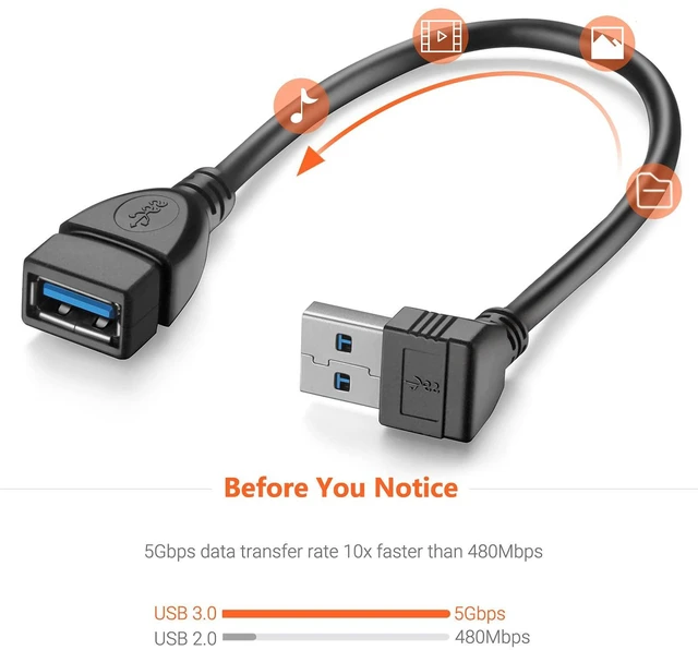 Alt view image 3 of 7 - Short USB 3.0 Extension Cable, 2 Pack SuperSpeed USB 3.0 Angle Male to Female Extension Cable 6 Inch Convertor Adapter Extender Cord Up Angle and Down Angle one Each