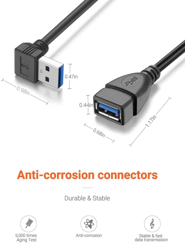 Alt view image 7 of 7 - Short USB 3.0 Extension Cable, 2 Pack SuperSpeed USB 3.0 Angle Male to Female Extension Cable 6 Inch Convertor Adapter Extender Cord Up Angle and Down Angle one Each