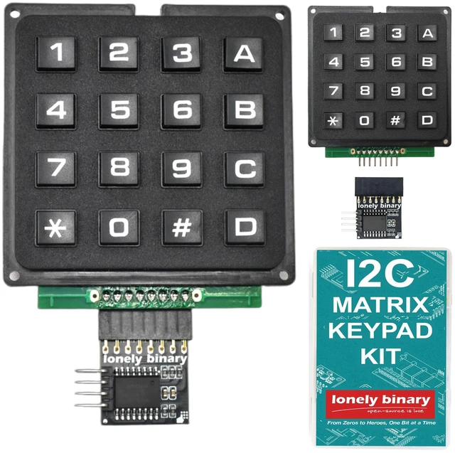 Main image of 2-Pack 4x4 Matrix Keypad with I2C Adapter for C++ | ESP32-S3 and for Raspberry Pi; each unit runs on just SDA and SCL instead of 8 GPIO pins; 3.3V/5V, headers pre-soldered