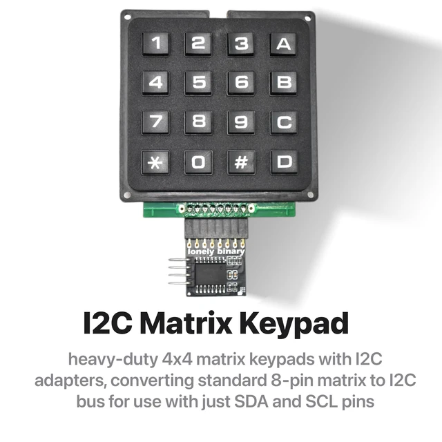 Alt view image 2 of 7 - 2-Pack 4x4 Matrix Keypad with I2C Adapter for C++ | ESP32-S3 and for Raspberry Pi; each unit runs on just SDA and SCL instead of 8 GPIO pins; 3.3V/5V, headers pre-soldered