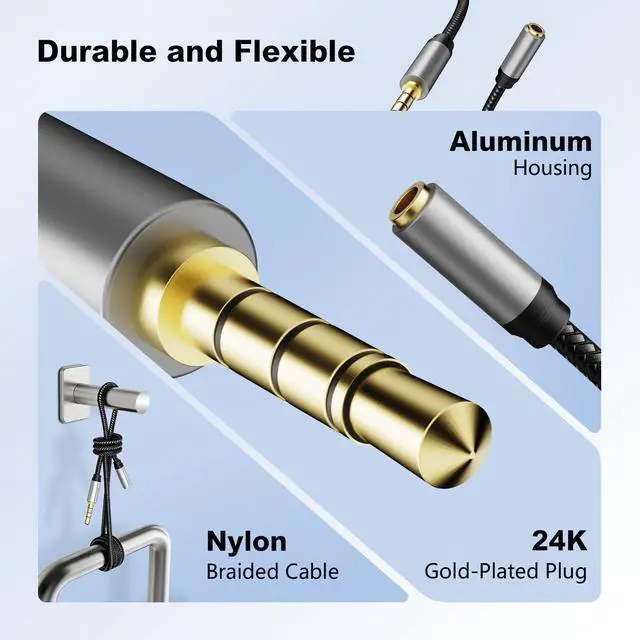 Alt view image 2 of 7 - Audio Mic Extension Cable 10Ft,3.5mm Aux Headphone Extender 4-Pole Jack Plug Extension Lead Stereo Male to Female Braided Cord for Headset,TV,Laptop,Phone,Switch Lite,Car,PS4,Xbox and more(10Ft/3M)
