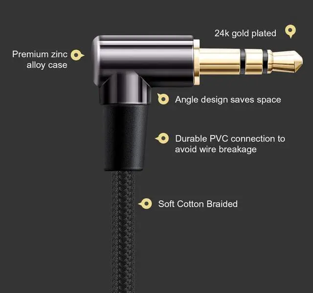 Alt view image 2 of 6 - 3.5mm Audio Cable 3FT/0.9M, 3.5mm Right Angle Male to Male Auxiliary Jack HiFi Cable with Silver-Plating Copper Core for Car Stereos, iPhone, PS4, Beats, Echo-Dot & More