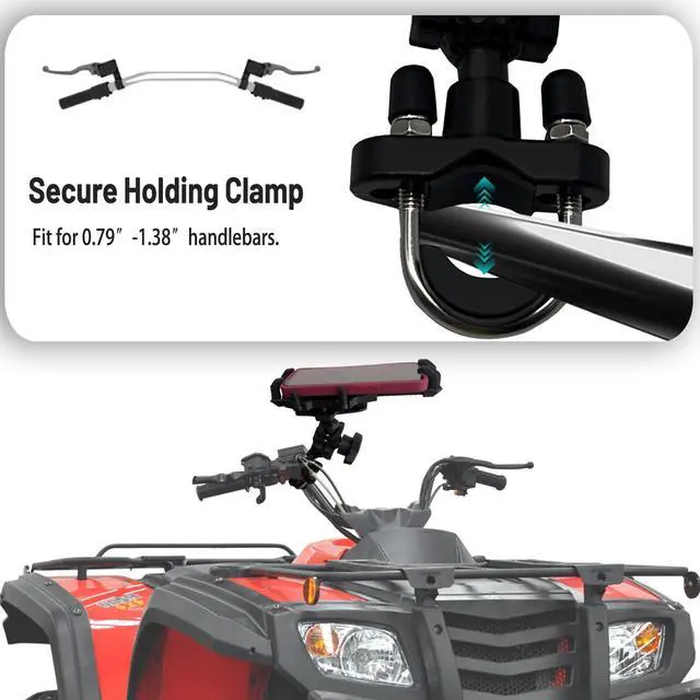 Alt view image 4 of 7 - ATV Phone Holder Mount,Motorcycle Handlebar Phone Mount,4 Wheeler Anti Vibration 360 Cell Phone Holder Clamp Fit CFMOTO Cforce,Polaris Sportsman,Can am Outlander Adjustable Fit 4.7"-7.1'' Phone
