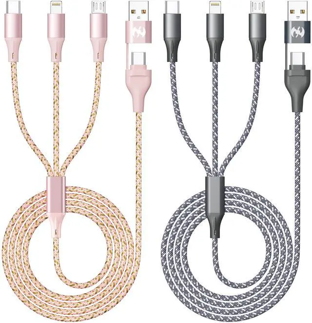 Main image of Multi Charging Cable (4ft 2Pack), 3 in 1 Charging Cable Nylon Braided USB A/C Port iPhone Charger Cord with Type C Lightning USB for Apple iPhone Android Phone -Rose Grey