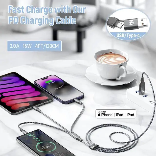 Alt view image 2 of 6 - Multi Charging Cable (4ft 2Pack), 3 in 1 Charging Cable Nylon Braided USB A/C Port iPhone Charger Cord with Type C Lightning USB for Apple iPhone Android Phone -Rose Grey