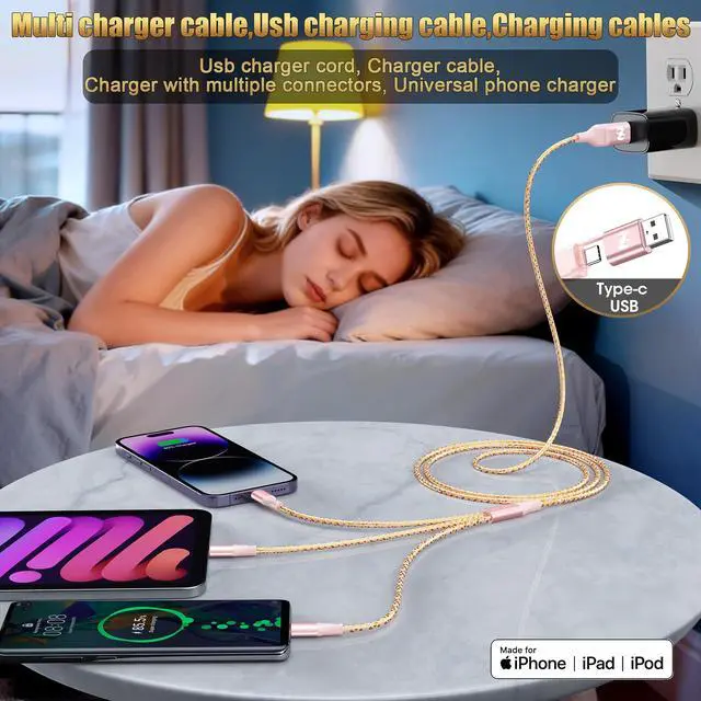 Alt view image 3 of 6 - Multi Charging Cable (4ft 2Pack), 3 in 1 Charging Cable Nylon Braided USB A/C Port iPhone Charger Cord with Type C Lightning USB for Apple iPhone Android Phone -Rose Grey