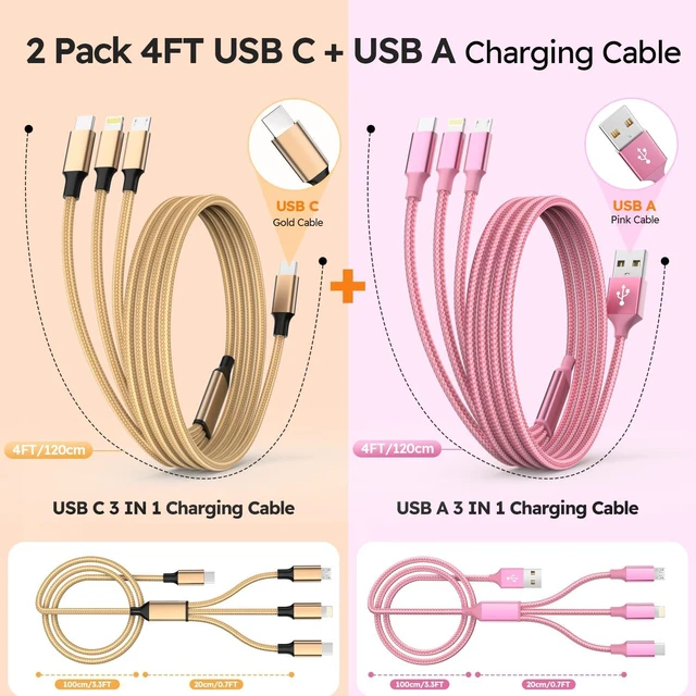Alt view image 2 of 7 - USB A/C Multi Charger Cable3 in 1 Charging Cable for Multiple Devices | Charging Cords (2Pack 4FT) with Multi Connectors - Type C, IP, Micro USB Cable for iPhone17/16, iPad, Galaxy Series and More