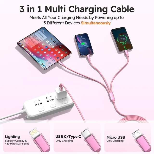 Alt view image 3 of 7 - USB A/C Multi Charger Cable3 in 1 Charging Cable for Multiple Devices | Charging Cords (2Pack 4FT) with Multi Connectors - Type C, IP, Micro USB Cable for iPhone17/16, iPad, Galaxy Series and More