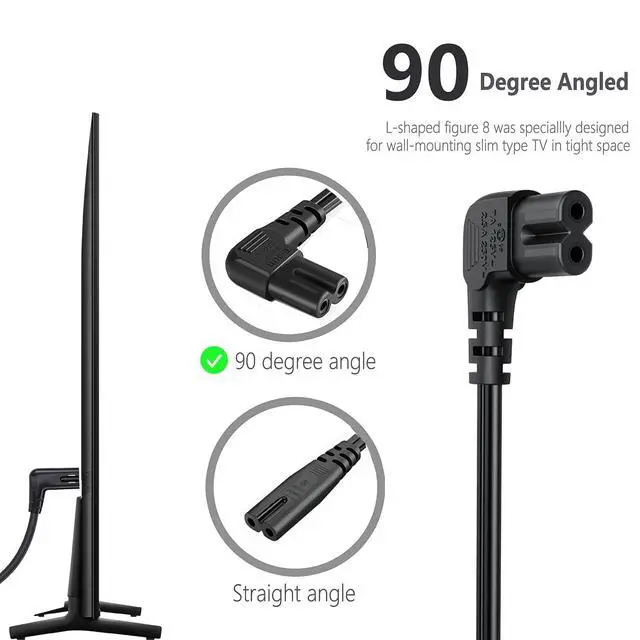 Alt view image 2 of 7 - 10FT TV Power Cable for LG TV 24" 28" 32" 40" 43" 48" 49" 50" 55" 60" 65" 75" 80" 85" Inch, 90 Degree Angled 18AWG 2-Prong to L-Shaped C7 Power Cord for LG 43LH570A 55UH6090 Frame Power Cord Cable
