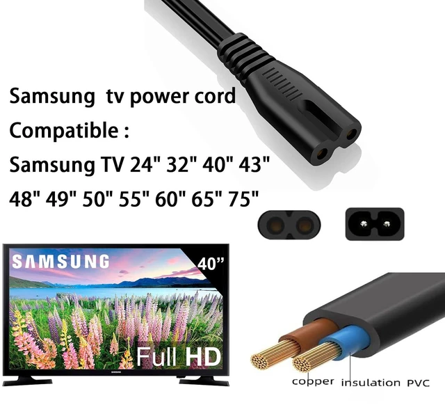 Alt view image 3 of 7 - 5FT TV Power Cord for Samsung TV, 90 Degree Angled 18AWG 2-Prong to L-Shaped C7 Power Cord for Samsung tv 24" 32" 40" 43" 48" 49" 50" 55" 60" 65" 75" Inch, LG/TCL Charger Cable Adapter Replacement