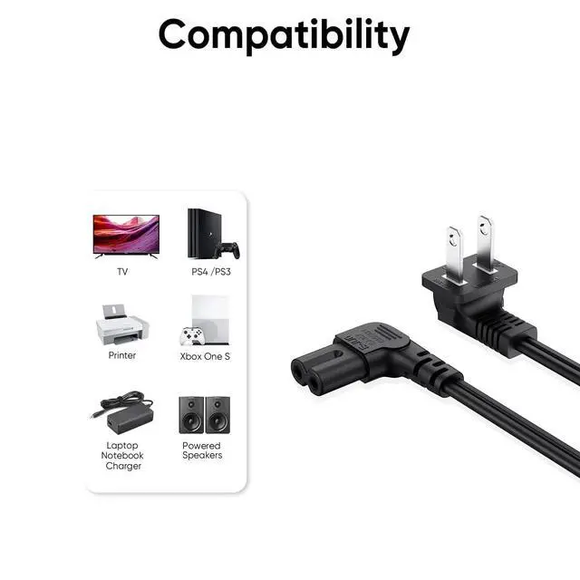 Alt view image 5 of 7 - 10FT TV Power Cable for LG TV 24" 28" 32" 40" 43" 48" 49" 50" 55" 60" 65" 75" 80" 85" Inch, 90 Degree Angled 18AWG 2-Prong to L-Shaped C7 Power Cord for LG 43LH570A 55UH6090 Frame Power Cord Cable