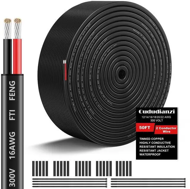 Main image of 16 Gauge Wire 2 Conductor Electrical Wire, 16 AWG Wire Stranded PVC Cord 50FT, 12V Low Voltage/Oxygen-Free Tinned Copper/Flexible 16/2 Wiring for Automotive Marine LED Strips Lamps Lighting-15M