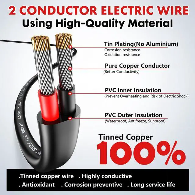 Alt view image 2 of 7 - 16 Gauge Wire 2 Conductor Electrical Wire, 16 AWG Wire Stranded PVC Cord 50FT, 12V Low Voltage/Oxygen-Free Tinned Copper/Flexible 16/2 Wiring for Automotive Marine LED Strips Lamps Lighting-15M