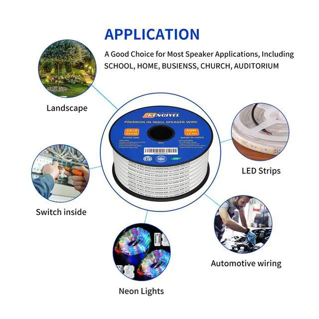 Alt view image 5 of 6 - Speaker Wire 14 Gauge 50FT, 14 AWG Stranded PVC Extension Cord,CL2 Rated in-Wall Fire Safety Wire, 12V Low Voltage/Tinned Copper/Flexible Cable for Automotive Wiring, Lamp Cord, Marine Cable, CCA