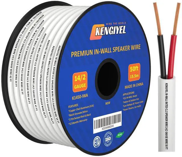Main image of Speaker Wire 14 Gauge 50FT, 14 AWG Stranded PVC Extension Cord,CL2 Rated in-Wall Fire Safety Wire, 12V Low Voltage/Tinned Copper/Flexible Cable for Automotive Wiring, Lamp Cord, Marine Cable, CCA