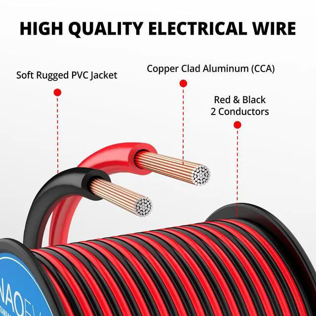 Alt view image 2 of 7 - 14 Gauge Wire 100FT, 2 Conductors Electrical Wire Red Black Cable, Flexible/Low Voltage/PVC 14 AWG Copper Clad Aluminum Extension Cord for Speaker, LED Strips, Automotive 12V/24V DC