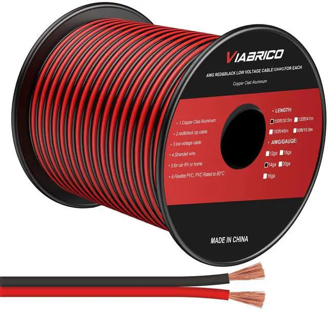 Main image of 14AWG 100FT Electrical Wire Cable 2 Conductors Red Black Hookup LED Lighting Strips Flexible Extension Cord 14Gauge Copper Clad Aluminum 12V/24V DC