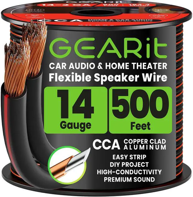 Main image of 14 Gauge Speaker Wire 500ft,Flexible Speaker Cable with Foot Markers & Polarity Markings,14 Gauge Wire for Car Audio & Home Theater Speakers,Audio Cable for DIY Installations,CCA(Black)