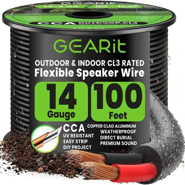 Main image of 14 Gauge Speaker Wire Cable,14 Gauge Wire CL3 Rated 100ft,Audio Cable with Red/Black Color Coded,Outdoor Speaker Wires for Home,Car,Outdoor,Patio,Garden,In-Wall,Backyard,CCA(Black,2-Conductors)