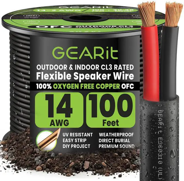 Main image of Speaker Wire 14 Gauge 100 ft, UL CL3 Rated 14 Gauge Wire Copper Wire with Polarity Mark, Audio Cable for in-Wall, Home, Car,Outdoor, Garden, Commercial Audio Systems, OFC (Black,2-Conductors)