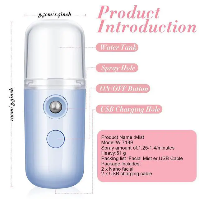 Alt view image 2 of 6 - 2 Pack Nano Facial Mister for Lashes Sprayer,White and Blue | Handheld Face Mister Bottle for Eyelash Extensions USB Rechargeable 1 oz Mini Skin Care Machine for Daily Makeup
