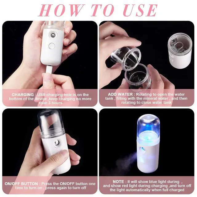 Alt view image 3 of 6 - 2 Pack Nano Facial Mister for Lashes Sprayer,White and Blue | Handheld Face Mister Bottle for Eyelash Extensions USB Rechargeable 1 oz Mini Skin Care Machine for Daily Makeup