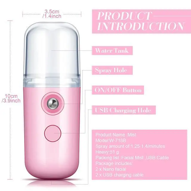 Alt view image 2 of 6 - 2 Pack Nano Facial Mister Spray Bottle Handheld Humidifier Portable Face Mister for Eyelash Extensions USB Rechargeable 1 oz Mini Skin Care Machine for Daily Makeup(Black and Pink)