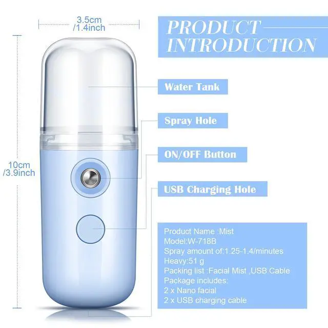 Alt view image 3 of 6 - 2 Pack Nano Facial Mister Spray Bottle Handheld Humidifier Portable Face Mister for Eyelash Extensions USB Rechargeable 1 oz Mini Skin Care Machine for Daily Makeup(Black and Blue)