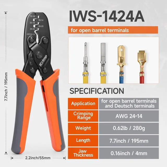 Alt view image 2 of 7 - Non Insulated Open Barrel Terminal Crimp Tool - Wire Crimper for Molex, Delphi, AMP/Tyco, Harley, PC/Computer, Automotive 24-14 AWG