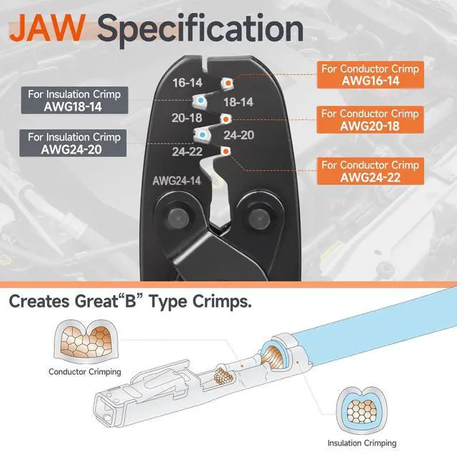 Alt view image 4 of 7 - Non Insulated Open Barrel Terminal Crimp Tool - Wire Crimper for Molex, Delphi, AMP/Tyco, Harley, PC/Computer, Automotive 24-14 AWG