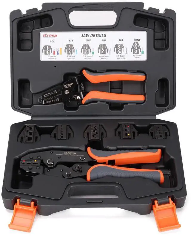 Main image of Ratcheting Crimping Tool Set 8 PCS - Quick Exchange Jaw for Heat Shrink, Open Barrel, Insulated and Non-Insulated Ferrules AWG 20-2