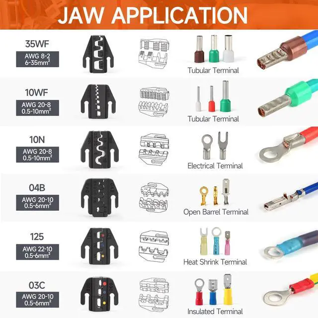 Alt view image 3 of 7 - Ratcheting Crimping Tool Set 8 PCS - Quick Exchange Jaw for Heat Shrink, Open Barrel, Insulated and Non-Insulated Ferrules AWG 20-2