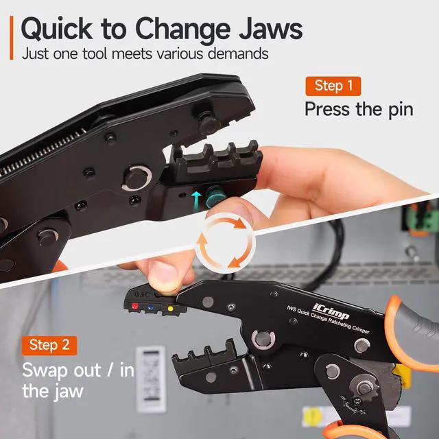 Alt view image 4 of 7 - Ratcheting Crimping Tool Set 8 PCS - Quick Exchange Jaw for Heat Shrink, Open Barrel, Insulated and Non-Insulated Ferrules AWG 20-2