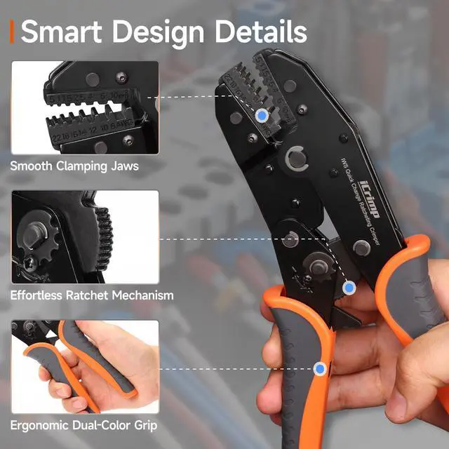 Alt view image 7 of 7 - Ratcheting Crimping Tool Set 8 PCS - Quick Exchange Jaw for Heat Shrink, Open Barrel, Insulated and Non-Insulated Ferrules AWG 20-2