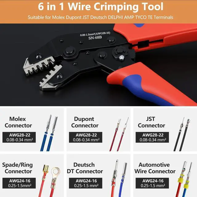 Alt view image 2 of 7 - 6 in 1 Wire Crimping Tool, AWG 28-16 Wire Crimper for Non-Insulated Open Barrel Terminal Connectors, Electrical Crimping Pliers for Molex Dupont JST Deutsch DELPHI AMP TYCO TE Terminals