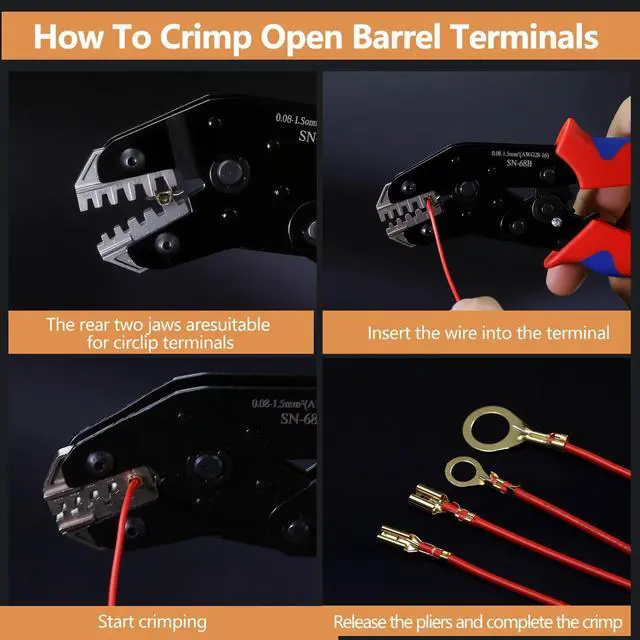 Alt view image 7 of 7 - 6 in 1 Wire Crimping Tool, AWG 28-16 Wire Crimper for Non-Insulated Open Barrel Terminal Connectors, Electrical Crimping Pliers for Molex Dupont JST Deutsch DELPHI AMP TYCO TE Terminals
