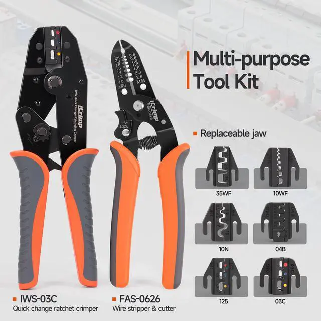 Alt view image 2 of 7 - Ratcheting Crimping Tool Set 8 PCS - Quick Exchange Jaw for Heat Shrink, Open Barrel, Insulated and Non-Insulated Ferrules AWG 20-2