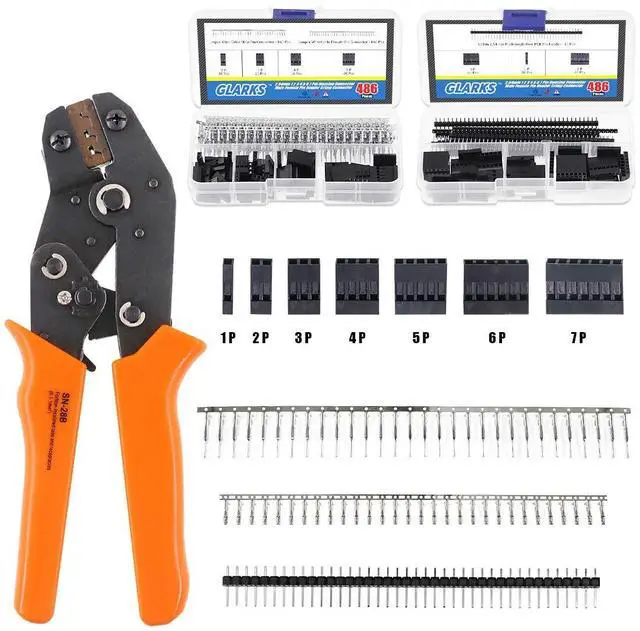 Main image of 486Pcs Wire Crimper Plier with Connector Set, SN-28B Ratchet Crimping Tool with 485Pcs 2.54mm 1 2 3 4 5 6 7 Pin Housing Connector Male Female Pin Header Compatible with AWG28-18 Dupont Pins